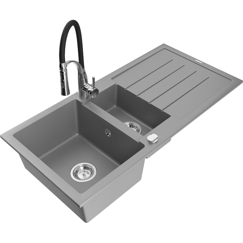 Mexen Andres graniittinen 1,5-lokeroinen pesuallas, jossa valutustaso ja keittiöhana Aster, harmaa - 6515-71-73450-07