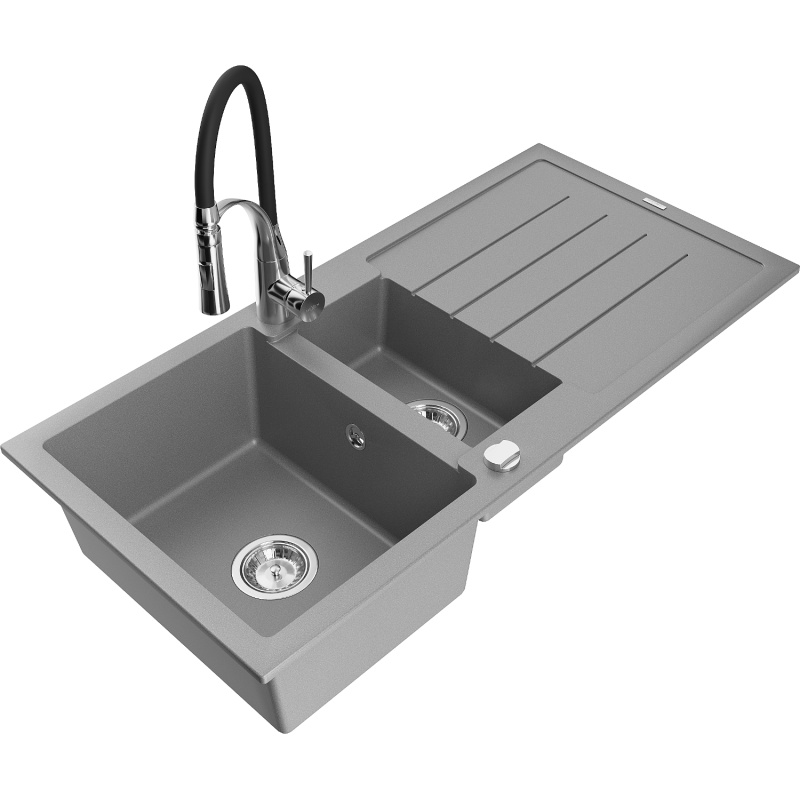 Mexen Andres granite sink 1.5-bowl with drainer and Aster kitchen tap, grey - 6515-71-73450-07