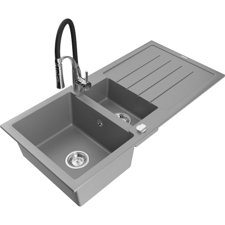 Mexen Andres granite sink 1.5-bowl with drainer and Aster kitchen tap, grey - 6515-71-73450-07