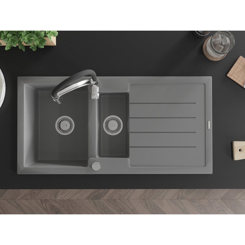 Mexen Andres fregadero de granito 1,5 senos con escurridor y grifo de cocina Aster, gris - 6515-71-73450-07