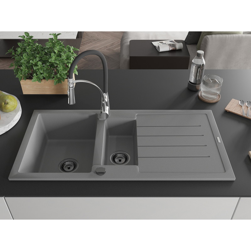 Mexen Andres fregadero de granito de 1,5 senos con escurridor y grifo de cocina Aster, gris - 6515-71-73450-07-B