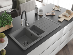 Mexen Andres granite kitchen sink 1.5-bowl with drainer and kitchen faucet Aster, gray - 6515-71-73450-07-B