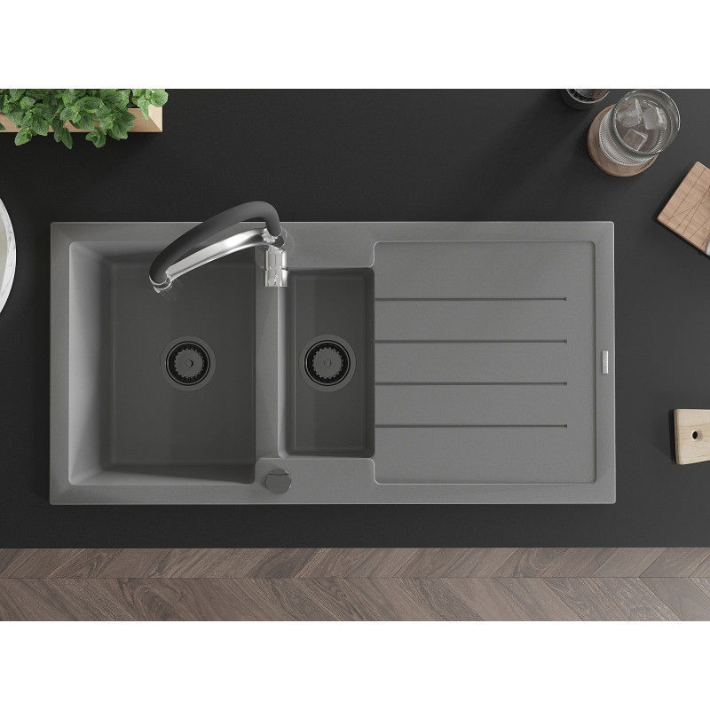Mexen Andres fregadero de granito 1,5 cuencas con escurridor y grifo de cocina Aster, gris - 6515-71-73450-07-B