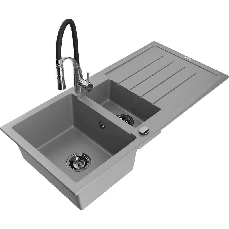 Mexen Andres granitizlietne ar 1,5 nodalījumu un iztekni, un virtuves jaucējkrānu Aster, pelēks - 6515-71-73450-07-B