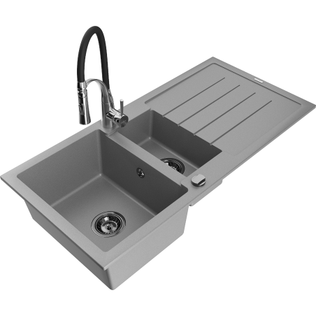 Mexen Andres fregadero de granito 1,5 cuencas con escurridor y grifo de cocina Aster, gris - 6515-71-73450-07-B