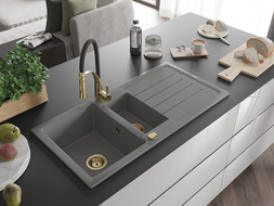Mexen Andres Granitspüle 1,5-becken mit Abtropffläche und Küchenarmatur Aster, grau - 6515-71-73450-57-G