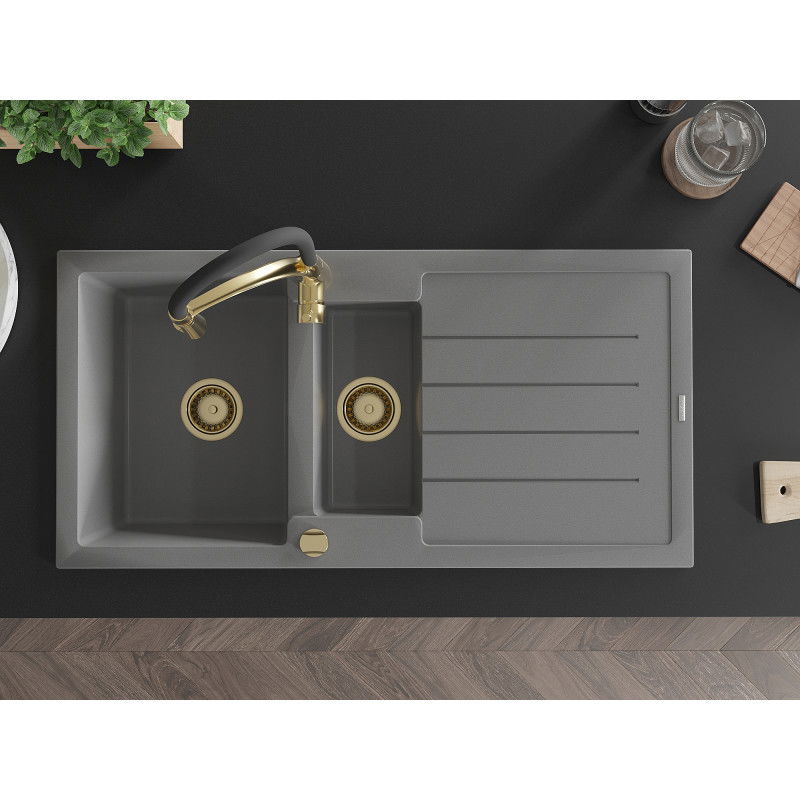 Mexen Andres granite sink 1.5-bowl with drainer and Aster kitchen tap, grey - 6515-71-73450-57-G