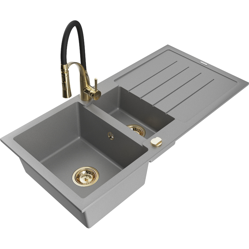 Mexen Andres Granitspüle 1,5-becken mit Abtropffläche und Küchenarmatur Aster, grau - 6515-71-73450-57-G