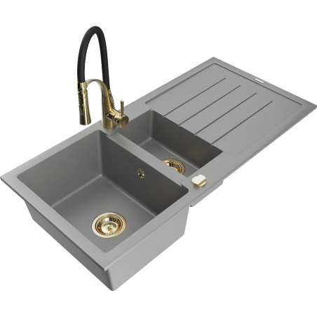 Mexen Andres Granitspüle 1,5-becken mit Abtropffläche und Küchenarmatur Aster, grau - 6515-71-73450-57-G