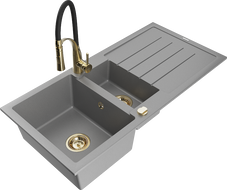 Mexen Andres granite sink 1.5-bowl with drainer and kitchen faucet Aster, gray - 6515-71-73450-57-G