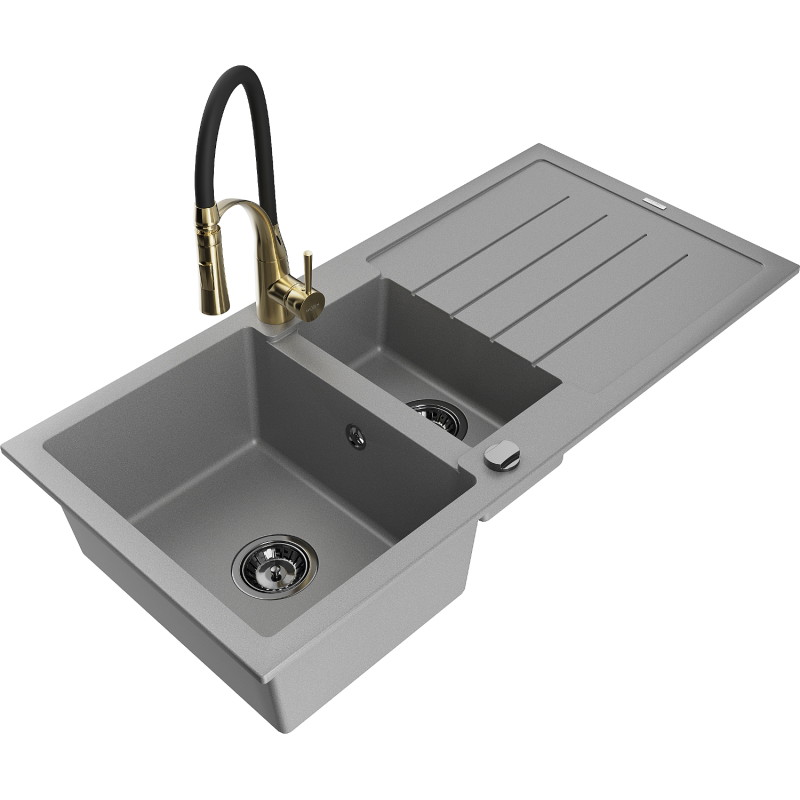 Mexen Andres 1,5-Kammer Granitspüle mit Abtropffläche und Küchenarmatur Aster, grau - 6515-71-73450-57-B