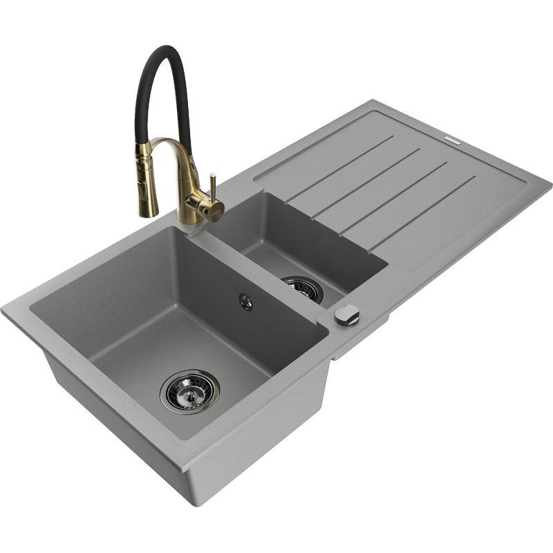 Mexen Andres fregadero de granito de 1,5 senos con escurridor y grifo de cocina Aster, gris - 6515-71-73450-57-B