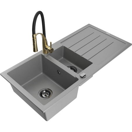 Mexen Andres fregadero de granito de 1,5 tazones con escurridor y grifo de cocina Aster, gris - 6515-71-73450-57-B