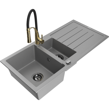 Mexen Andres granite sink 1.5-bowl with drainer and Aster kitchen tap, grey - 6515-71-73450-57-B