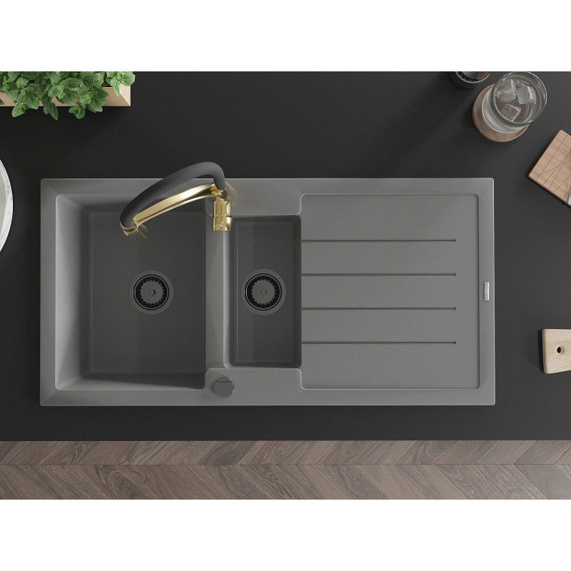Mexen Andres granite sink 1.5-bowl with drainer and Aster kitchen tap, grey - 6515-71-73450-57-B