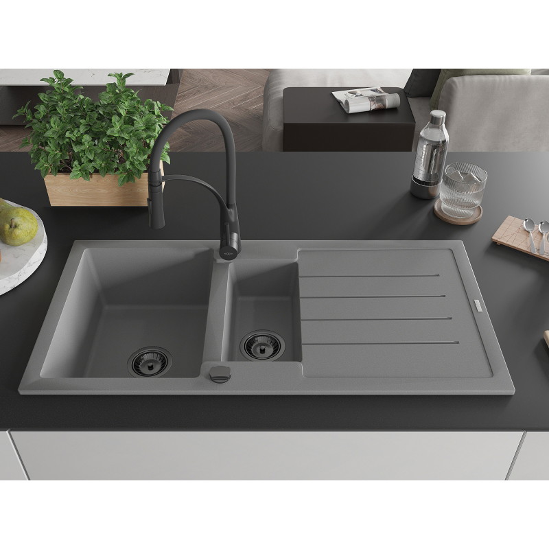 Mexen Andres fregadero de granito de 1,5 cuencas con escurridor y grifo de cocina Aster, gris - 6515-71-73450-70-B