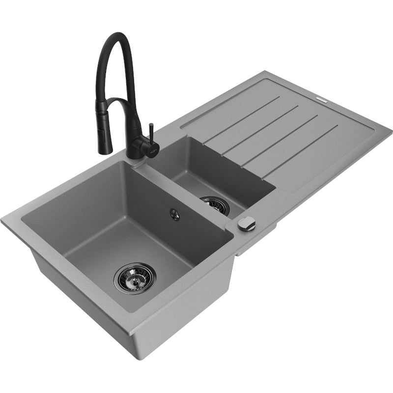 Mexen Andres fregadero de granito de 1,5 senos con escurridor y grifo de cocina Aster, gris - 6515-71-73450-70-B