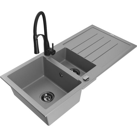 Mexen Andres granitā izlietne ar 1,5 nodalījumiem un noteces palikni, ar virtuves jaucējkrānu Aster, pelēka - 6515-71-73450-70-B