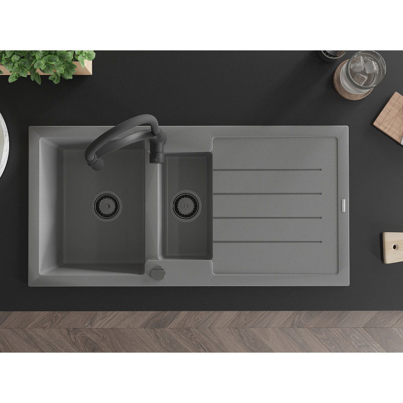 Mexen Andres granite sink 1.5-bowl with drainer and Aster kitchen faucet, grey - 6515-71-73450-70-B