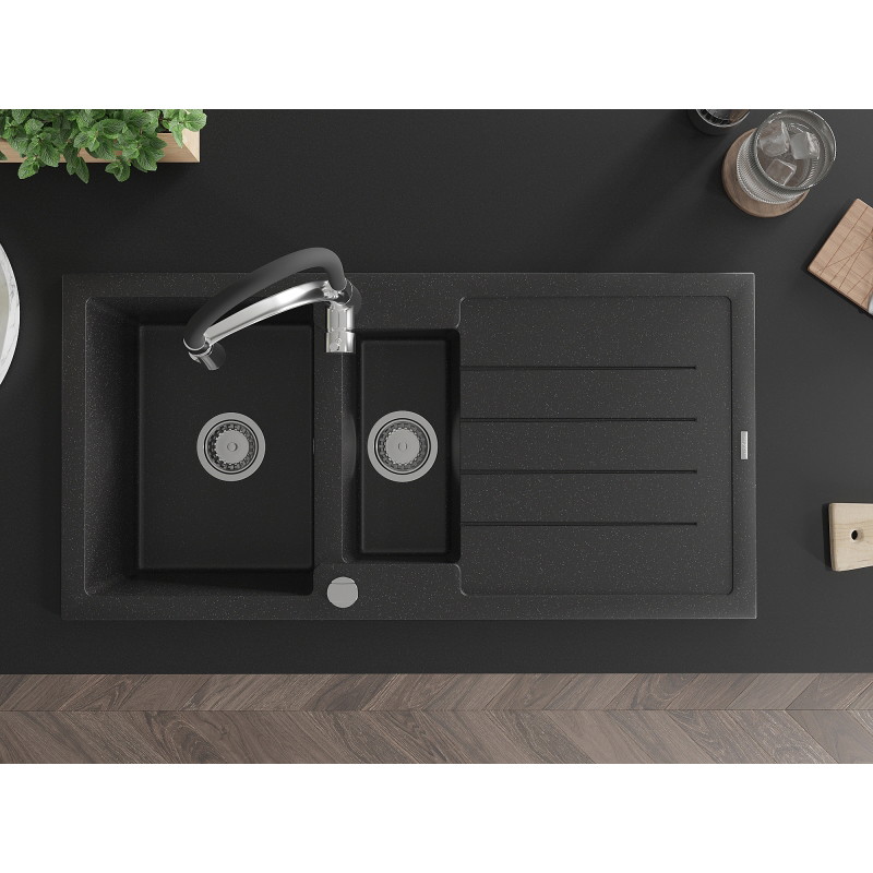 Mexen Andres Granitspüle 1,5-beckig mit Abtropffläche und Küchenarmatur Aster, schwarz/silber metallic - 6515-73-73450-07