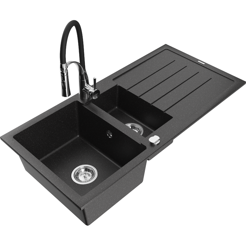 Mexen Andres Granitspüle 1,5-fach mit Abtropffläche und Küchenarmatur Aster, schwarz/silber metallic - 6515-73-73450-07