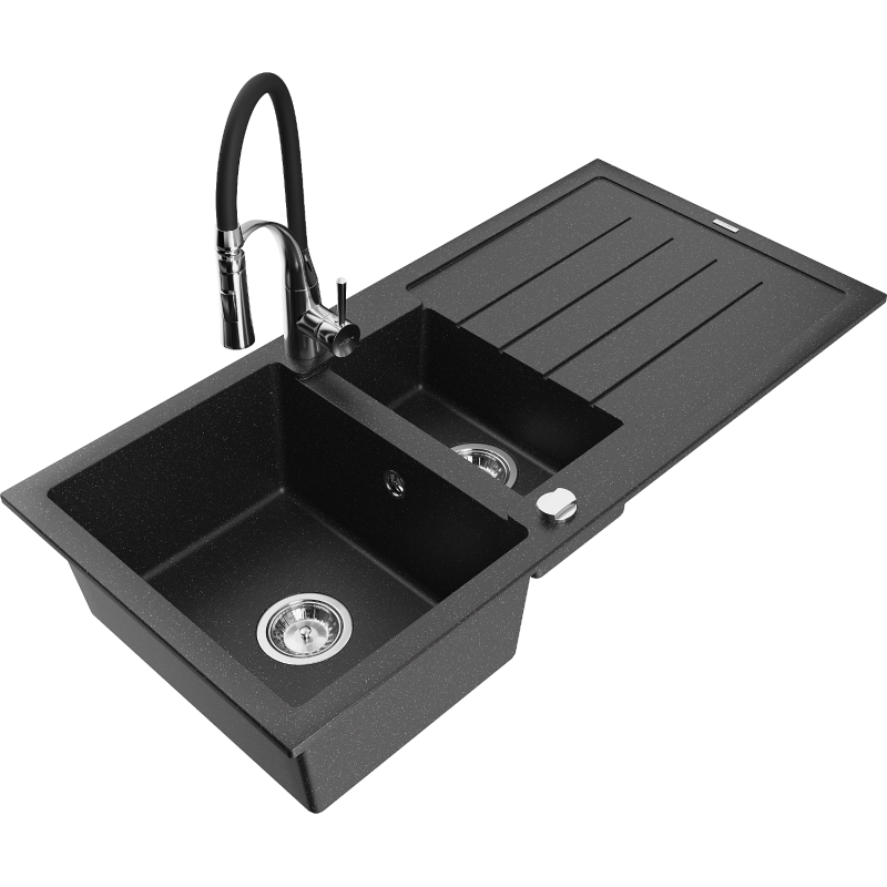 Mexen Andres lavello in granito 1,5 vasche con scolapiatti e miscelatore da cucina Aster, nero/metallico argento