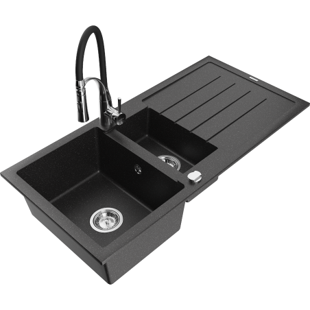 Mexen Andres 1,5 nodalīts granīta izlietne ar notekas virsmu un virtuves krānu Aster, melna/sudraba metālika - 6515-73-73450-07