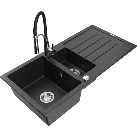 Mexen Andres Granitspüle 1,5-fach mit Abtropffläche und Küchenarmatur Aster, schwarz/silber metallic - 6515-73-73450-07