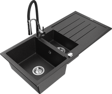 Mexen Andres granite sink 1.5-bowl with drainer and Aster kitchen faucet, black/silver metallic - 6515-73-73450-07
