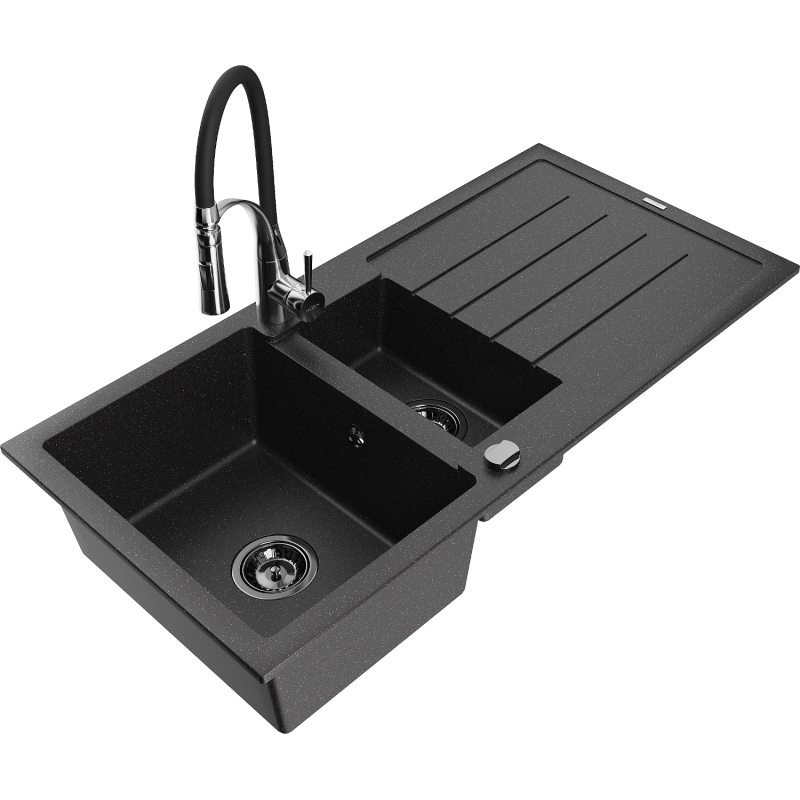 Mexen Andres fregadero de granito 1,5 tazones con escurridor y grifo de cocina Aster, negro/plateado - 6515-73-73450-07-B
