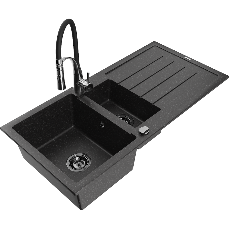 Mexen Andres granite sink 1.5-bowl with drainer and Aster kitchen tap, black/silver - 6515-73-73450-07-B