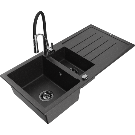 Mexen Andres Granitspüle 1,5-Becken mit Abtropffläche und Küchenarmatur Aster, schwarz/silber - 6515-73-73450-07-B