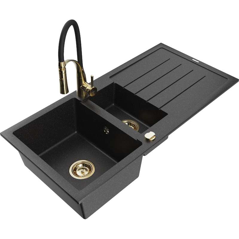 Mexen Andres fregadero de granito 1,5 senos con escurridor y grifo de cocina Aster, negro/plata - 6515-73-73450-57-G