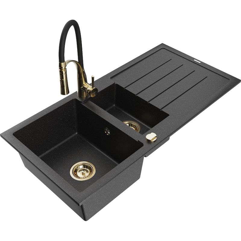 Mexen Andres granite sink 1.5-bowl with drainer and kitchen tap Aster, black/silver - 6515-73-73450-57-G