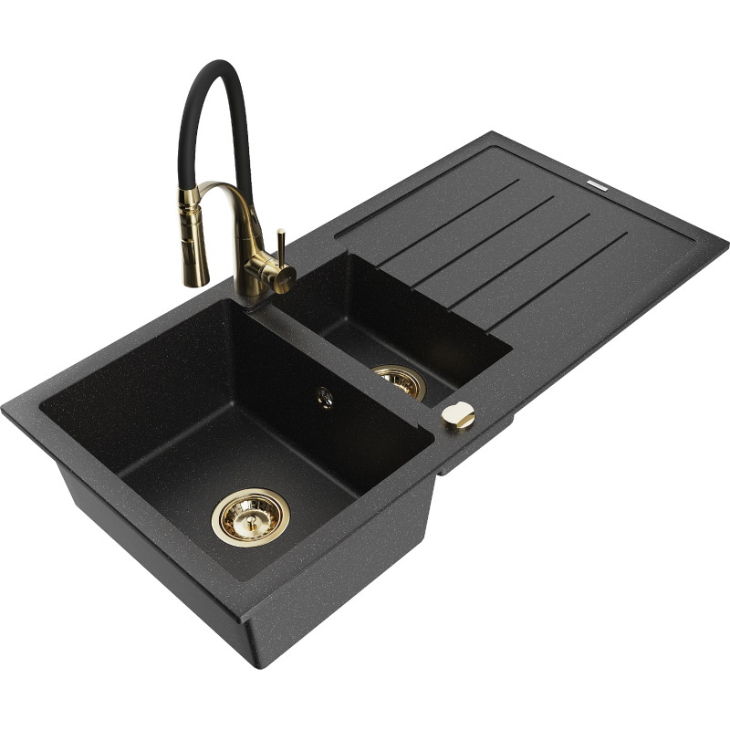 Mexen Andres lavello in granito 1,5 vasche con scolapiatti e rubinetto cucina Aster, nero/argento - 6515-73-73450-57-G
