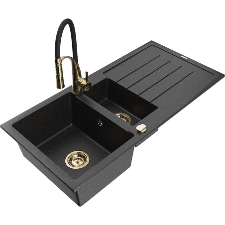 Mexen Andres granite sink 1.5-bowl with drainer and kitchen tap Aster, black/silver - 6515-73-73450-57-G