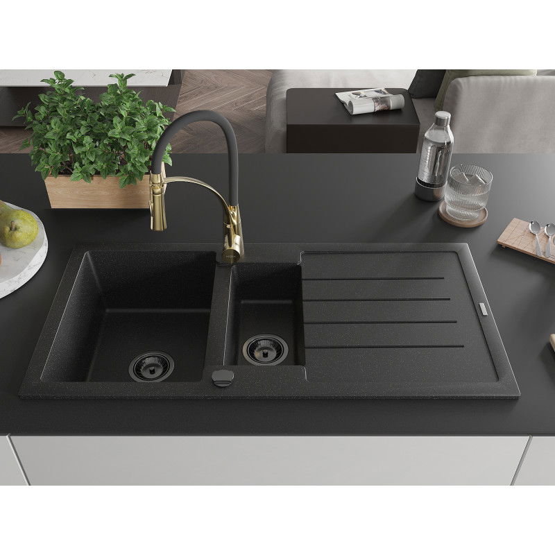 Mexen Andres granite sink, 1.5-bowl with drainer and Aster kitchen tap, black/silver - 6515-73-73450-57-B
