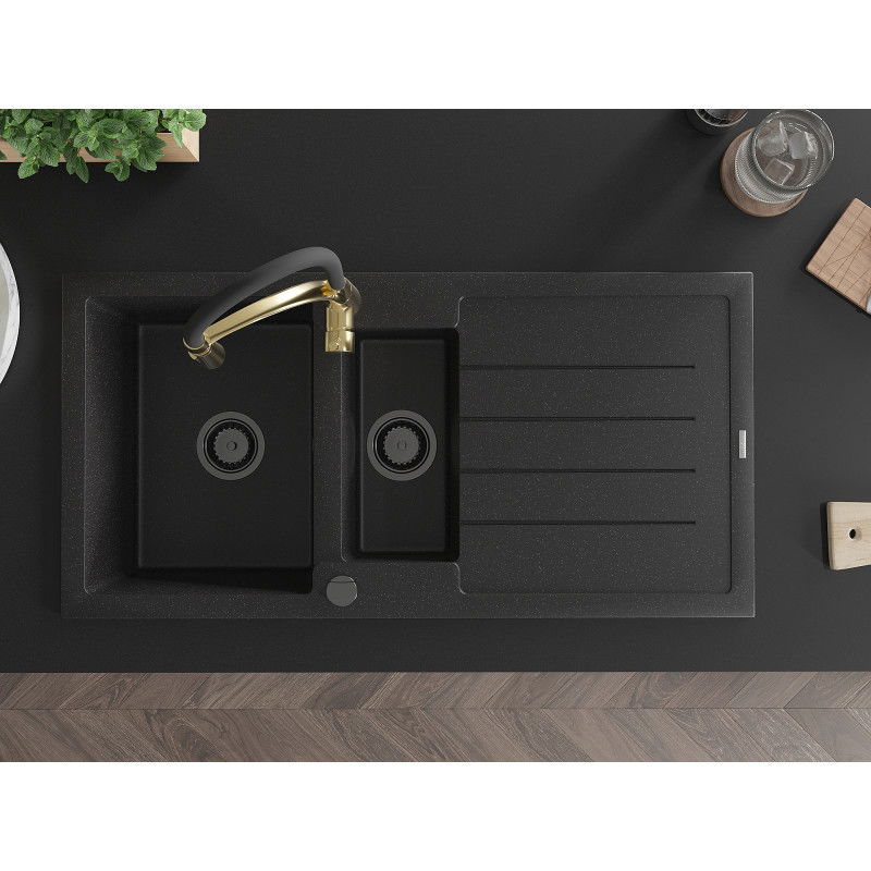 Mexen Andres Granitspüle 1,5-becken mit Abtropffläche und Küchenarmatur Aster, schwarz/silber - 6515-73-73450-57-B