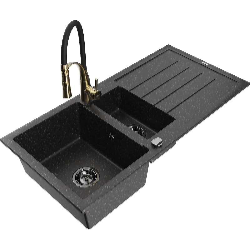 Mexen Andres Granitspüle 1,5-Kammer mit Abtropffläche und Küchenarmatur Aster, schwarz/silber - 6515-73-73450-57-B