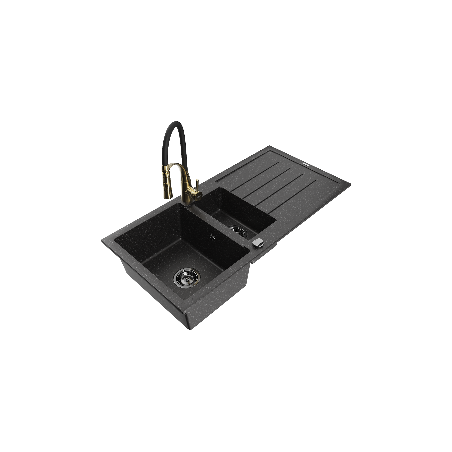 Mexen Andres granite sink, 1.5-bowl with drainer and Aster kitchen tap, black/silver - 6515-73-73450-57-B