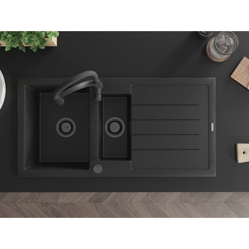 Mexen Andres fregadero de granito con 1,5 cubetas, escurridor y grifo de cocina Aster, negro/plata - 6515-73-73450-70-B