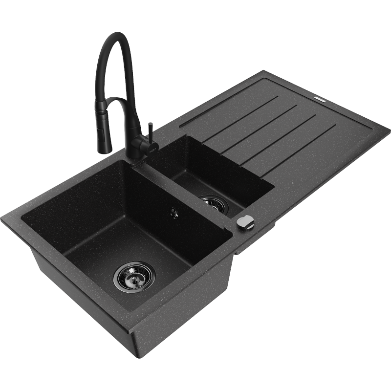 Mexen Andres Granitspüle 1,5-Becken mit Abtropffläche und Küchenarmatur Aster, schwarz/silber - 6515-73-73450-70-B