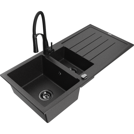 Mexen Andres fregadero de granito de 1,5 senos con escurridor y grifo de cocina Aster, negro/plata - 6515-73-73450-70-B