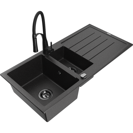 Mexen Andres granite sink 1.5-bowl with drainer and Aster kitchen tap, black/silver - 6515-73-73450-70-B