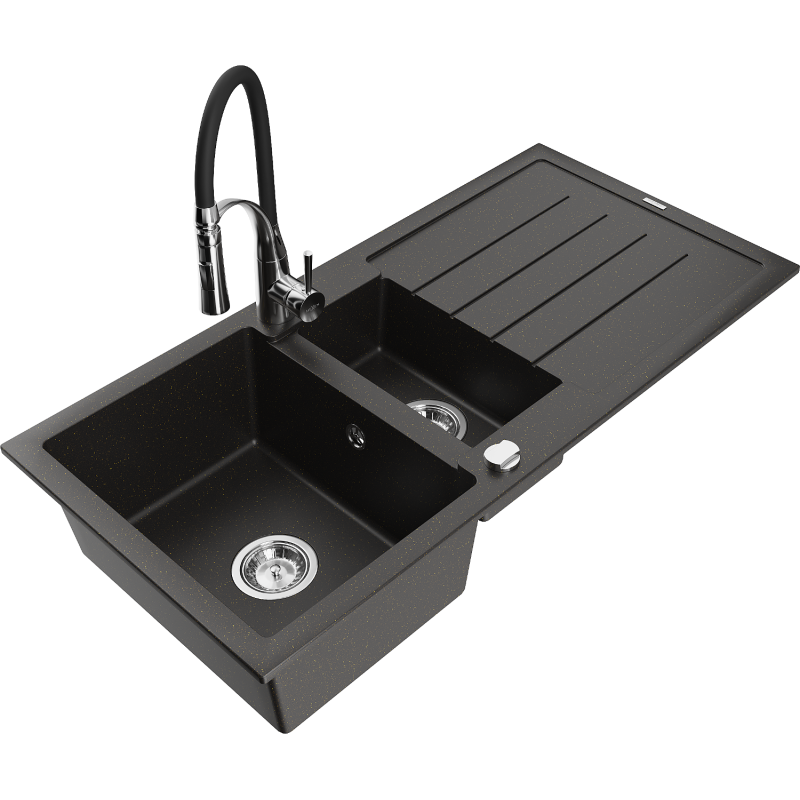 Mexen Andres fregadero de granito de 1,5 senos con escurridor y grifo de cocina Aster, negro/oro metálico - 6515-75-73450-07