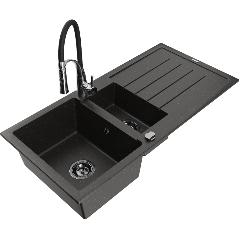 Mexen Andres fregadero de granito de 1,5 compartimentos con escurridor y grifo de cocina Aster, negro/metálico dorado