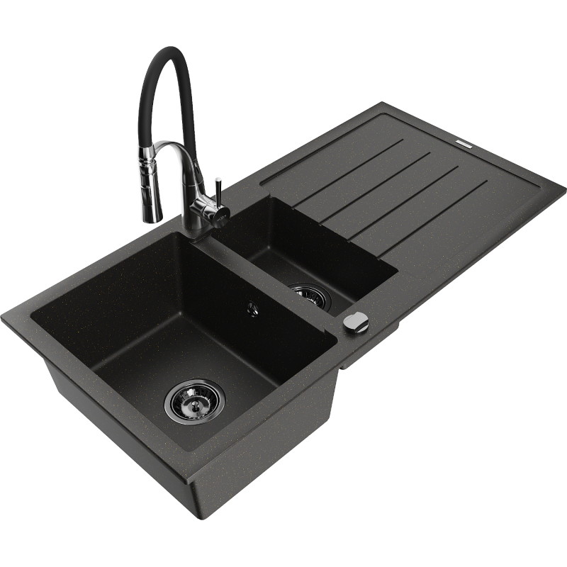 Mexen Andres granieten gootsteen 1,5-kamer met afdruiprek en keukenmengkraan Aster, zwart/goud metallic - 6515-75-73450-07-B