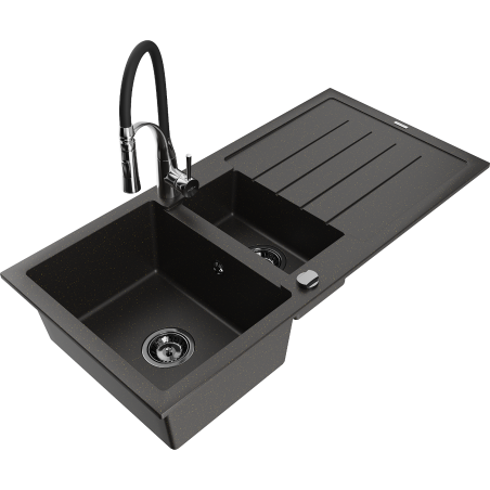Mexen Andres granite sink 1.5-bowl with drainer and Aster kitchen tap, black/gold metallic - 6515-75-73450-07-B