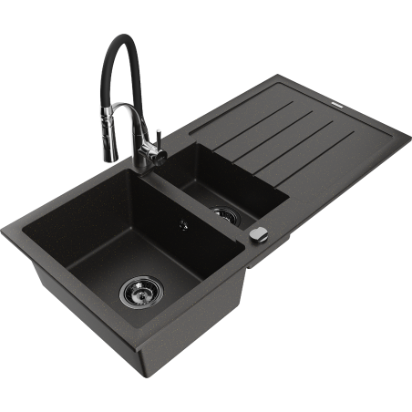 Mexen Andres granite sink 1.5-bowl with drainer and kitchen faucet Aster, black/gold metallic - 6515-75-73450-07-B