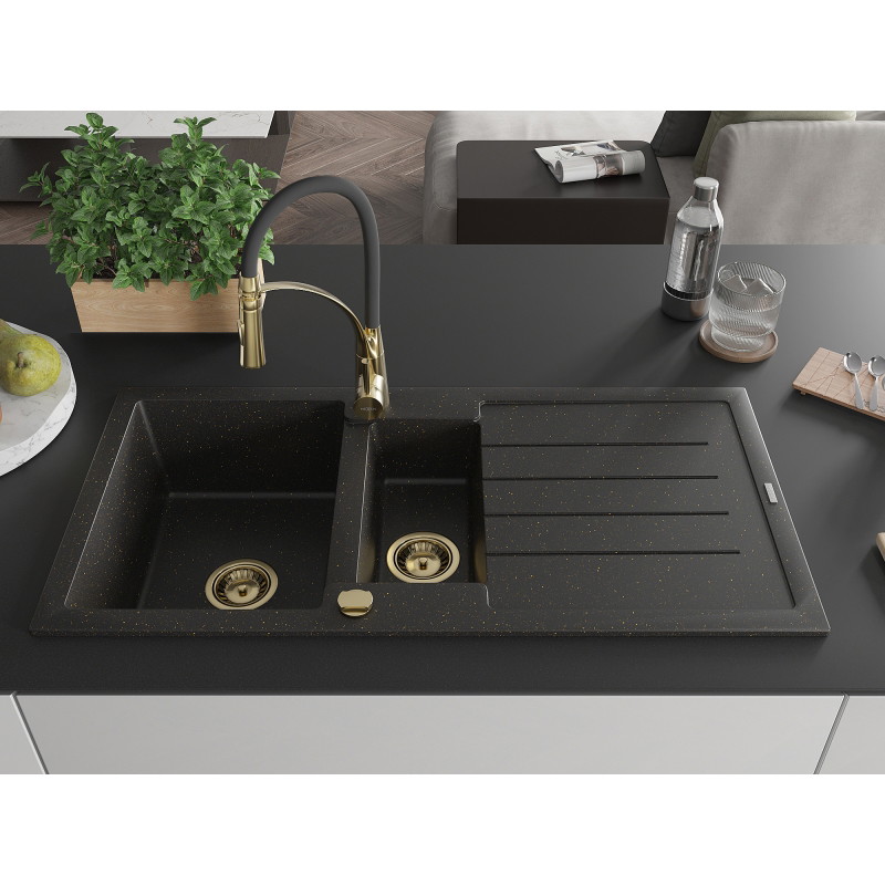 Mexen Andres fregadero de granito de 1,5 senos con escurridor y grifo de cocina Aster, negro/dorado metálico
